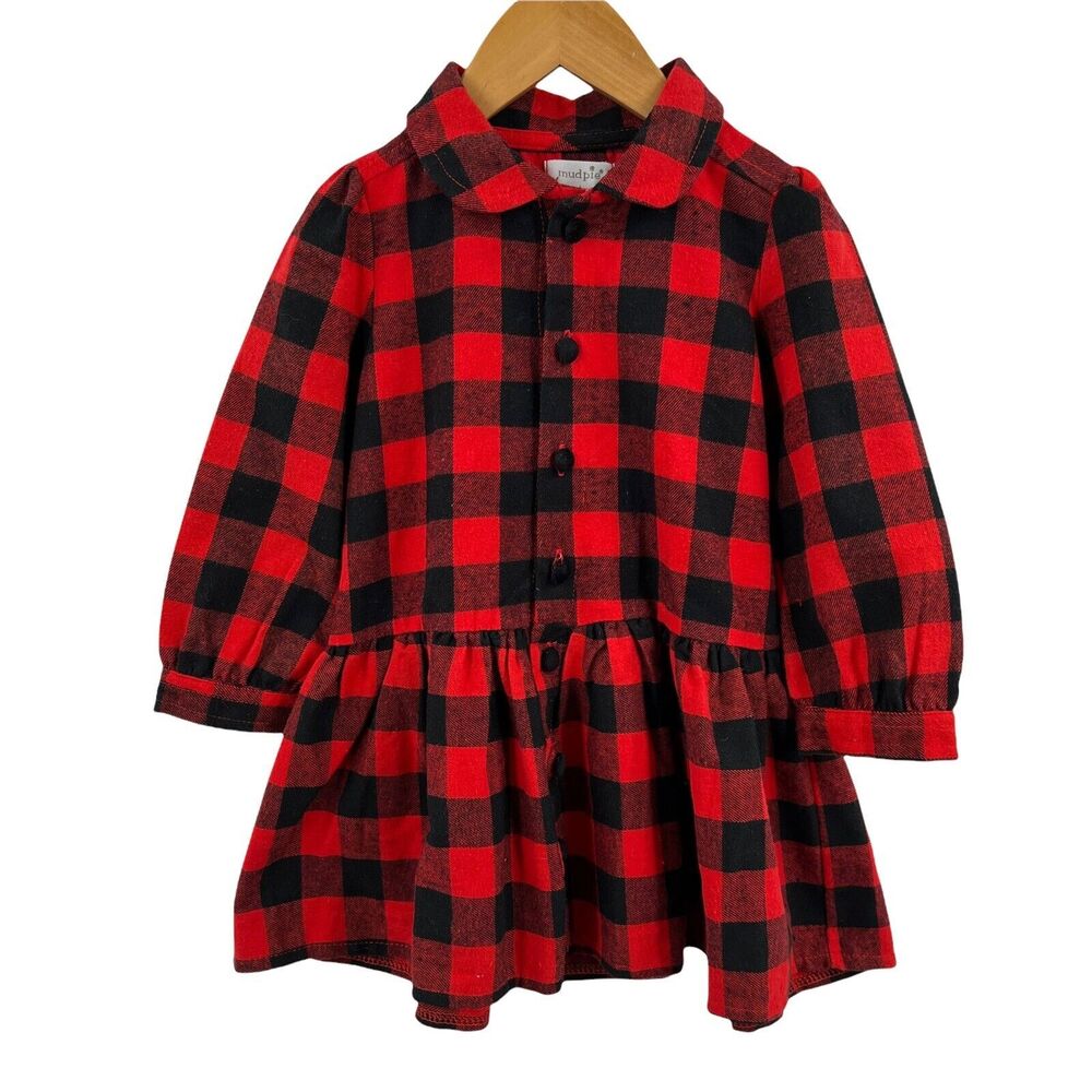 Mud Pie‎ Red Buffalo Plaid Long Sleeve Dress Size 24 Month